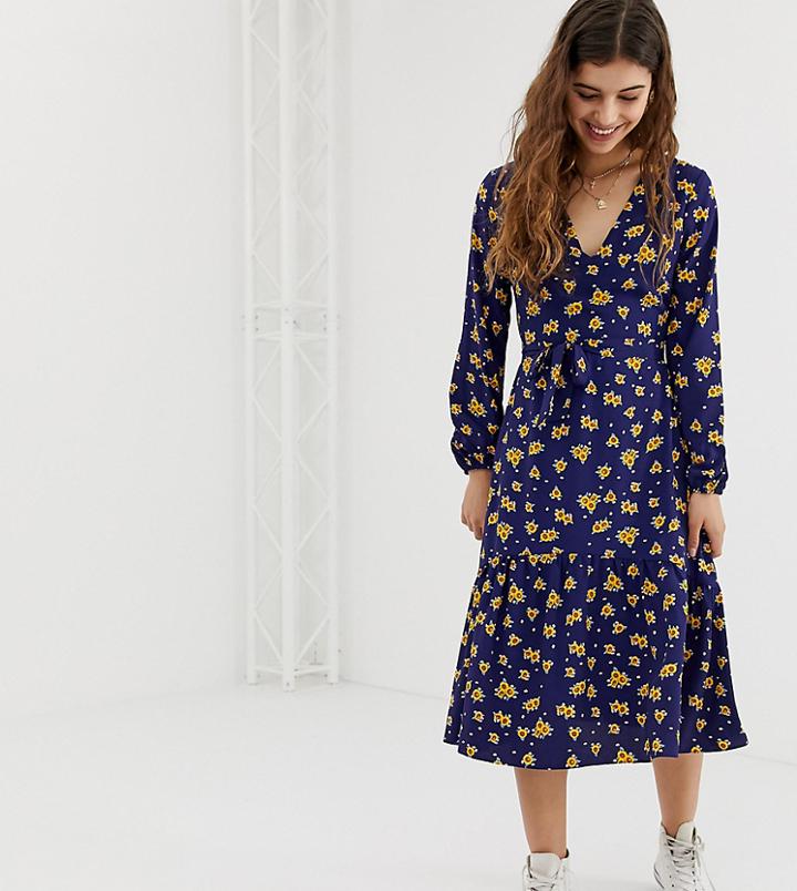 Glamorous Midi Dress With Neck Tie In Sunflower Print