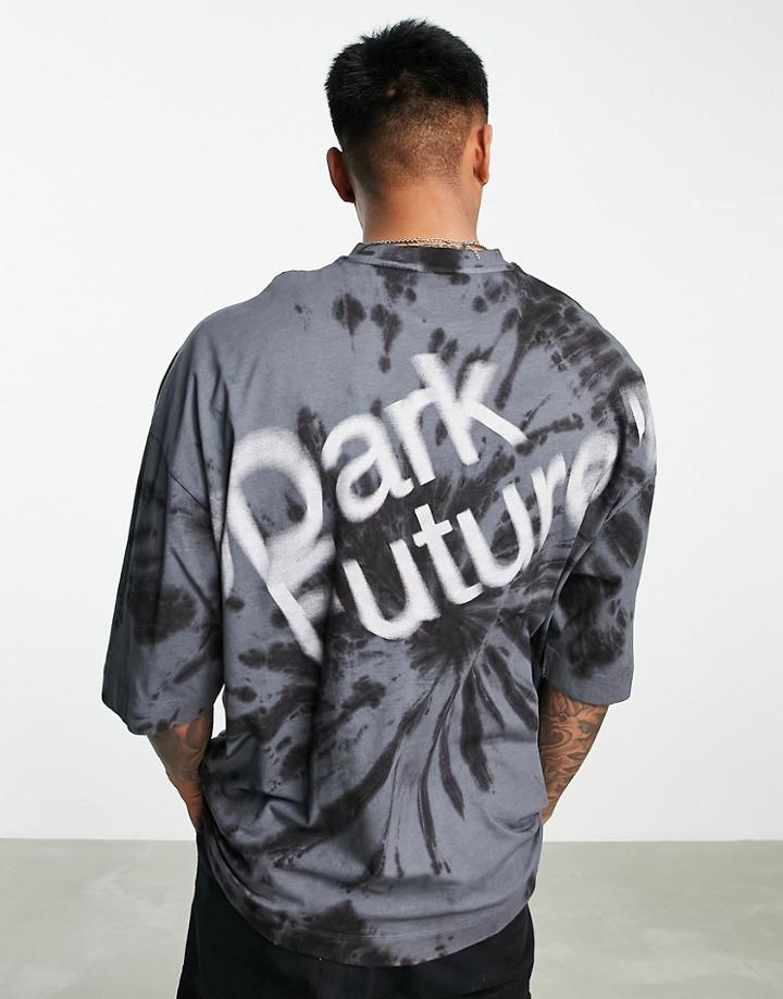 Asos Dark Future Oversized T-shirt With Spiral Tie Dye And Blurred Logo Graphic Print In Black