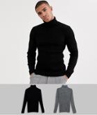 Asos Design Muscle Fit Ribbed Roll Neck Sweater In Black / Black & White Twist-multi