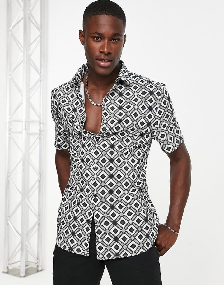 River Island Short Sleeve Geo Print Shirt In Gray-grey