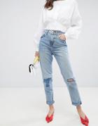 Asos Design Recycled Original Mom Jeans In Divinity Rich Mid Blue Wash With Rip & Repair Detail - Blue