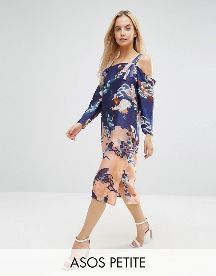 Asos Petite Cold Shoulder Dress In Bird Floral Print - Multi