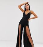 Asos Design Tall Wrap Front Split Leg Ring Detail Strappy Jumpsuit-white