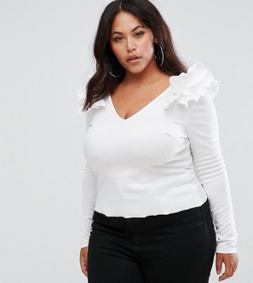 Club L Plus Ruffle Shoulder Top - White