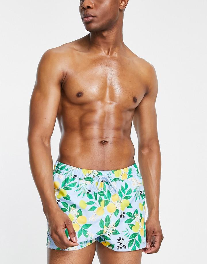 Asos Design Swim Shorts With Lemon Print Super Short Length-blue