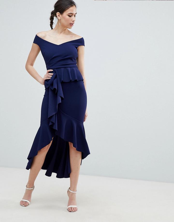 City Goddess Waterfall Pleated Maxi Dress - Navy