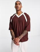 Asos Design Oversized T-shirt With V-neck And Raglans In Brown With Cream Trims