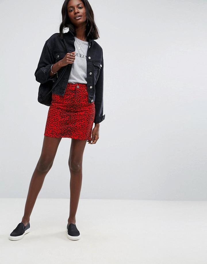 Asos Denim Original High Waisted Skirt In Red Leopard Print - Red