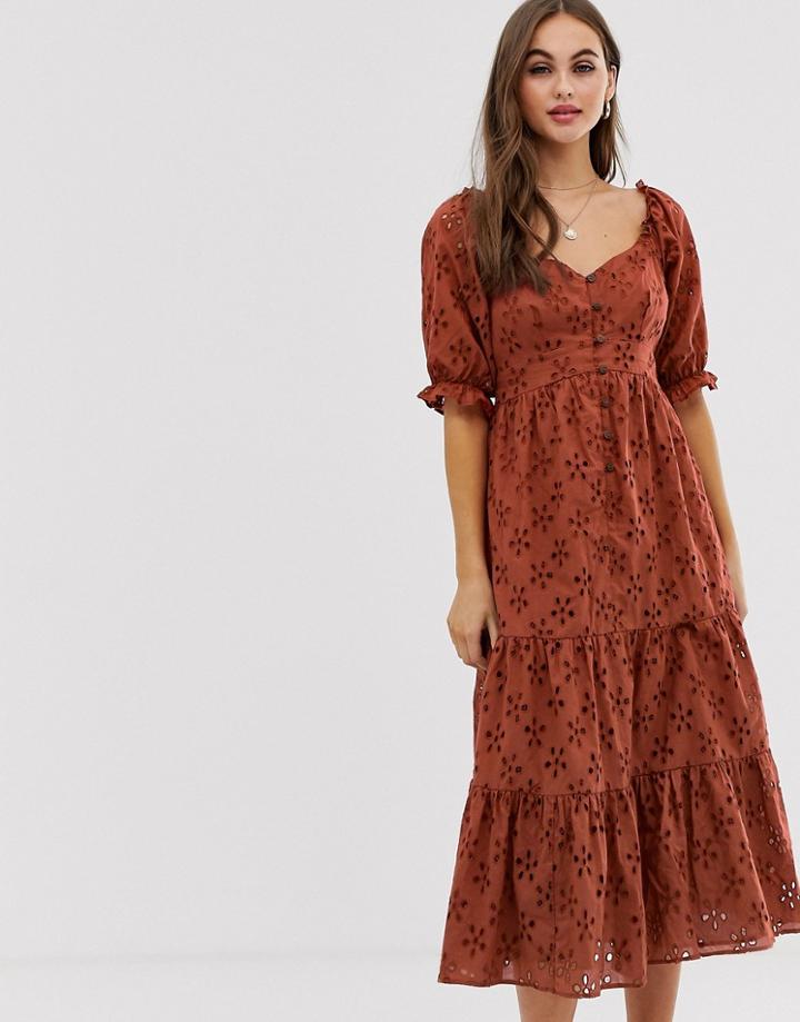 Asos Design Button Through Tiered Midi Broderie Dress - Red