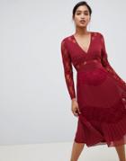 Asos Design Pleated Lace Insert Midi Dress With Long Sleeves-red