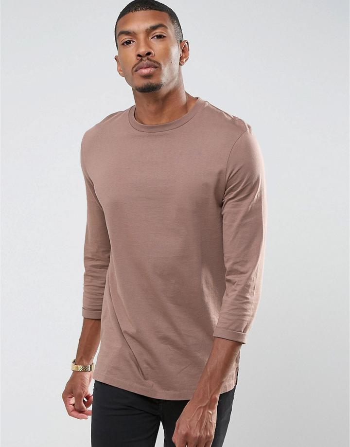 Asos Longline T-shirt With 3/4 Roll Sleeve - Brown