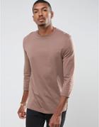 Asos Longline T-shirt With 3/4 Roll Sleeve - Brown