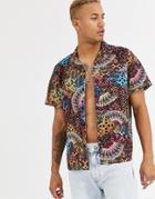 Asos Design Relaxed Fit Shirt In Tropical Geo-tribal Print-gold