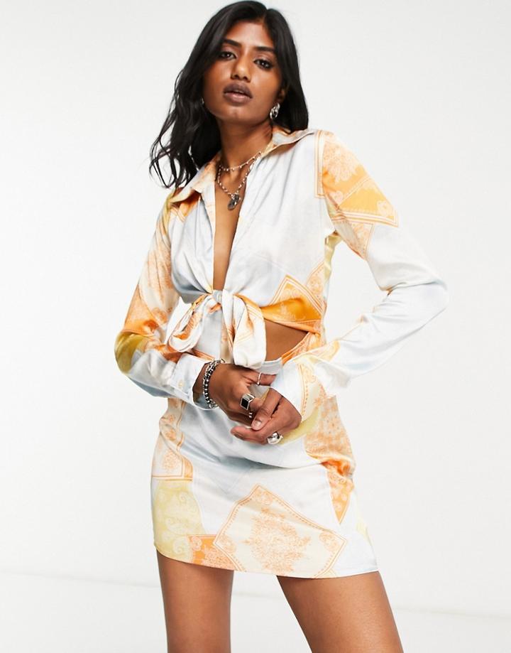 Violet Romance Satin Tie Front Mini Dress In Patchwork Print-multi