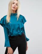 Closet Blouse In Satin With Frill Detail - Green