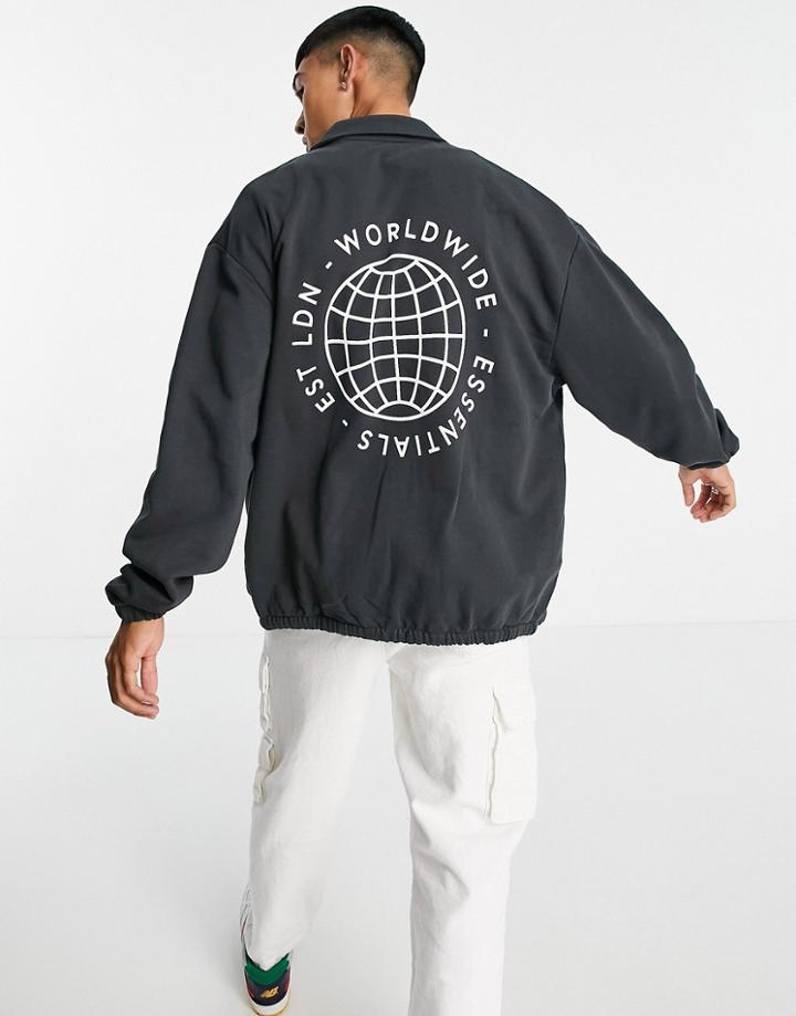 Asos Design Oversized Jersey Coach Jacket In Black With Worldwide Back Print - Part Of A Set
