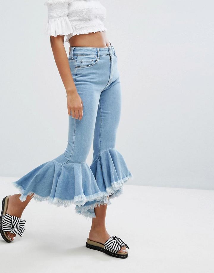 Bershka Cropped Kick Extreme Flare Jean - Blue
