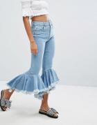 Bershka Cropped Kick Extreme Flare Jean - Blue