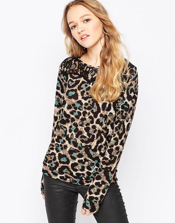Madam Rage Sweater In Leopard Print With Lace Inserts - Multi