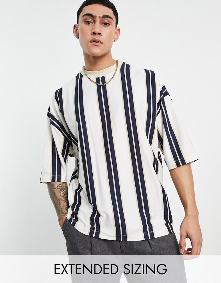 Asos Design Oversized Vertical Stripe T-shirt In White And Beige