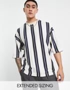 Asos Design Oversized Vertical Stripe T-shirt In White And Beige