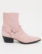 Depp Leather Western Boots With Harness Detail In Pink Suede