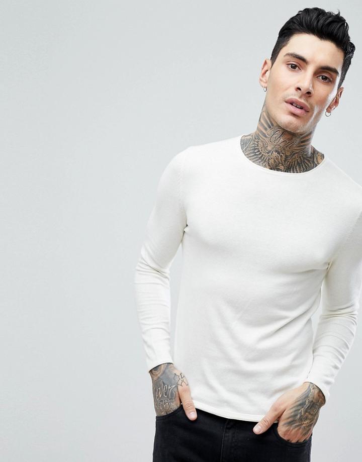 Jack & Jones Premium Knitted Sweater With Roll Hem In 100% Cotton - Cream