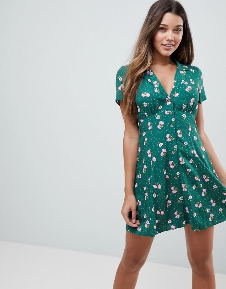 Asos Button Through Skater Dress In Ditsy Floral Print - Multi