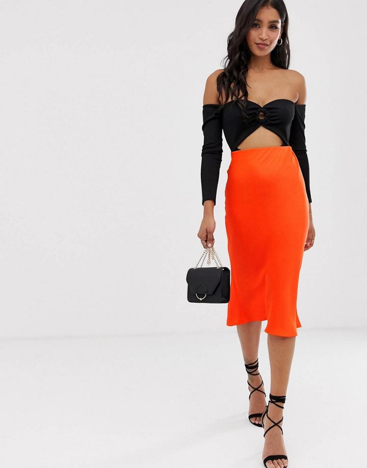 River Island Bias Cut Midi Skirt In Orange-red