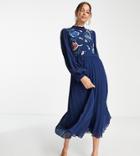 Asos Design Tall High Neck Pleated Long Sleeve Midi Skater Dress With Embroidery In Navy