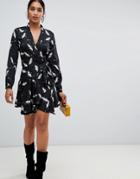 Liquorish Bird Print Long Sleeve Wrap Dress - Black