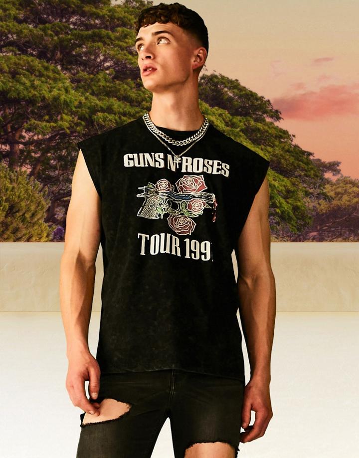 Asos Design Tank With Guns N Roses Print In Washed Black