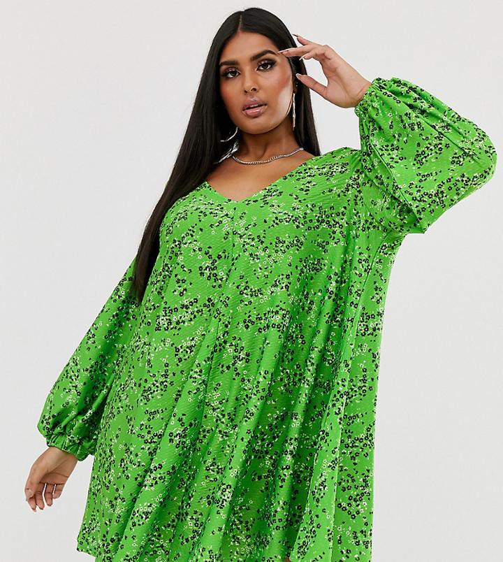 Asos Design Curve Textured Mini V Neck Swing Dress In Ditsy Print - Multi
