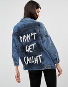 Liquor & Poker Oversized Denim Jacket With Back Slogan - Blue