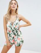 New Look Palm Print Beach Romper - Green