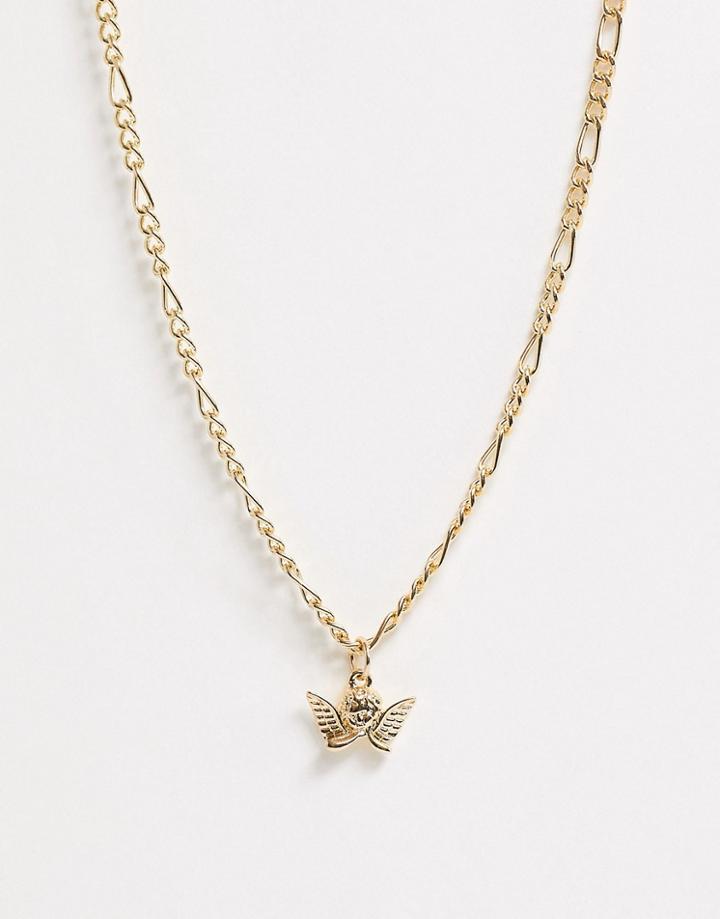 Asos Design Necklace With Cherub Pendant In Gold Tone-silver