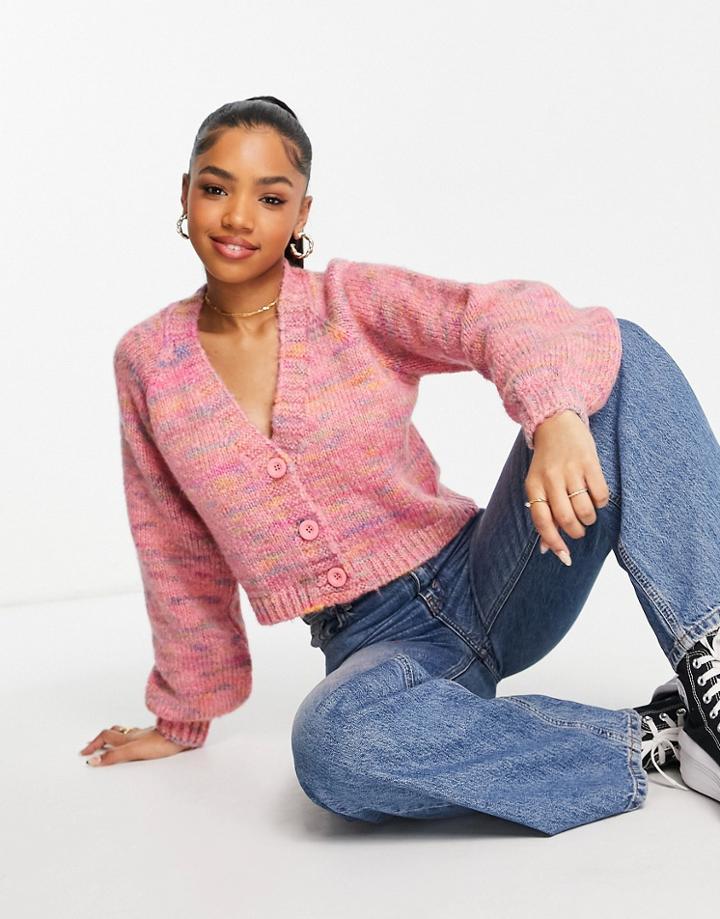Asos Design Chunky V Neck Cardigan In Space Dye Effect In Pink