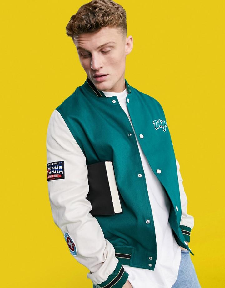 Asos Design Oversized Varsity Cotton Bomber Jacket In Green With Embroidery Badging