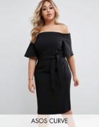 Asos Curve Midi Dress With Off Shoulder And Self Tie - Black