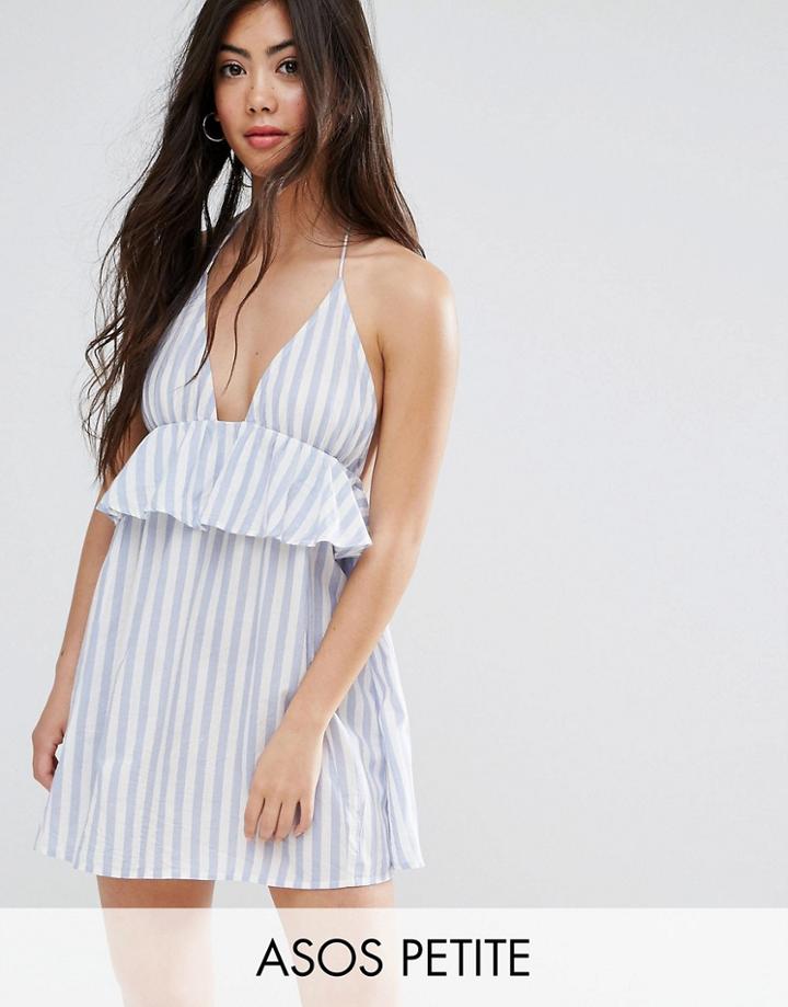 Asos Petite Beach Halter Sundress In Stripe With Frill - Multi