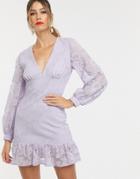 Asos Design Lace Mini Dress With Ruffle Pep Hem-purple