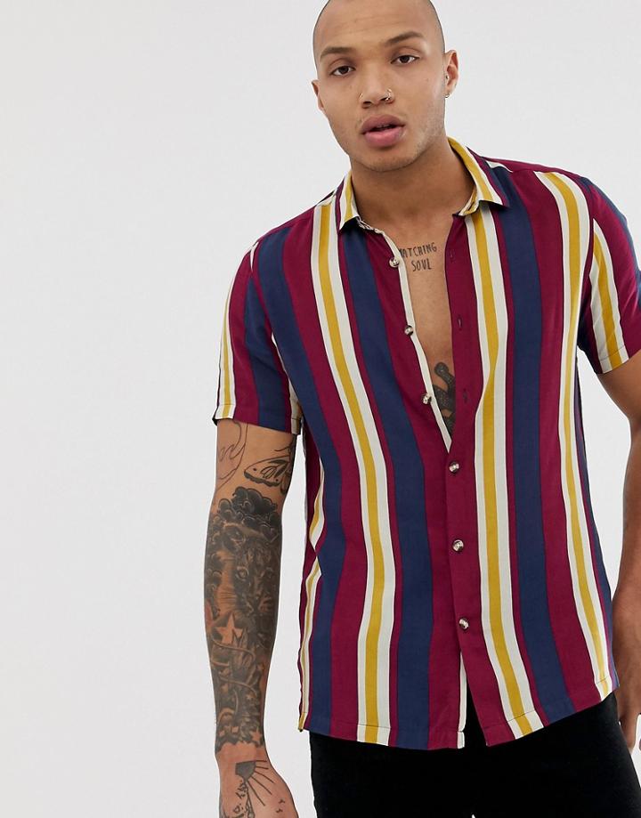 Asos Design Oversized Fit Retro Stripe Shirt In Navy And Mustard - Navy