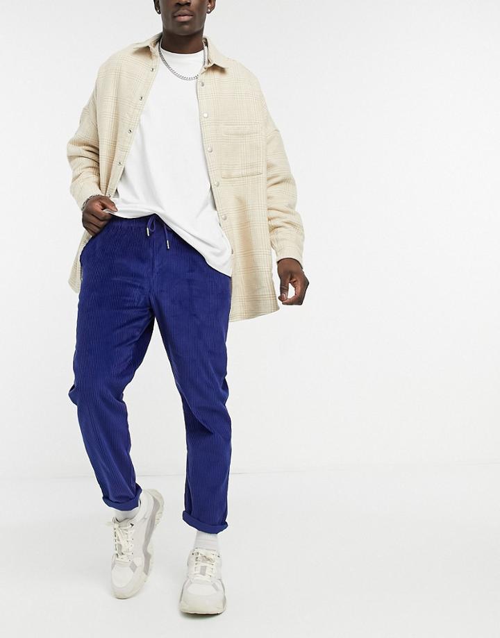 Asos Design Cord Slim Pants With Elasticated Waist In Bright Navy-blues