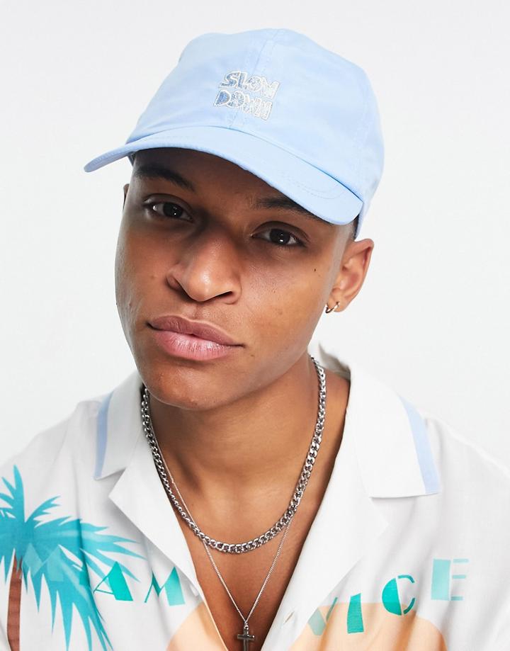 Asos Design Nylon Soft Baseball Cap In Baby Blue With Slogan