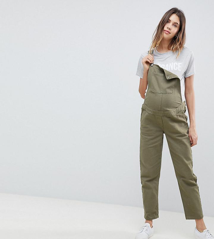 Asos Design Maternity Denim Overall In Khaki - Green