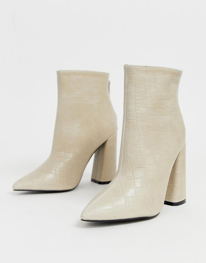 Boohoo Croc Flared Heel Boots In Cream - Beige