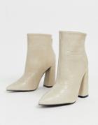 Boohoo Croc Flared Heel Boots In Cream - Beige