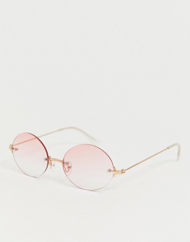 Asos Design Oval Rimless Sunglasses With Pink Lenses - Pink