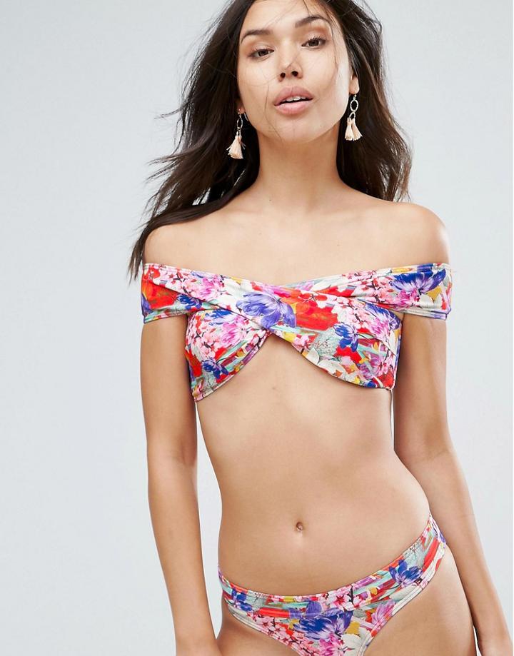 Lost Ink Floral Cross Shoulder Bikini Top - Multi