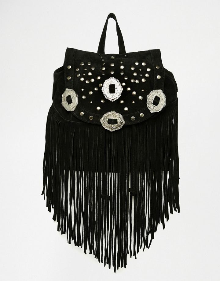 Asos Suede Western Fringe Backpack - Black